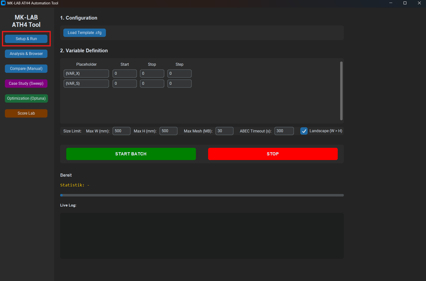 ATH4 Tool Setup & Run tab